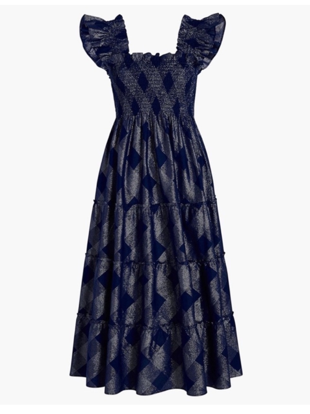 Hill House navy and silver patterned midi dress